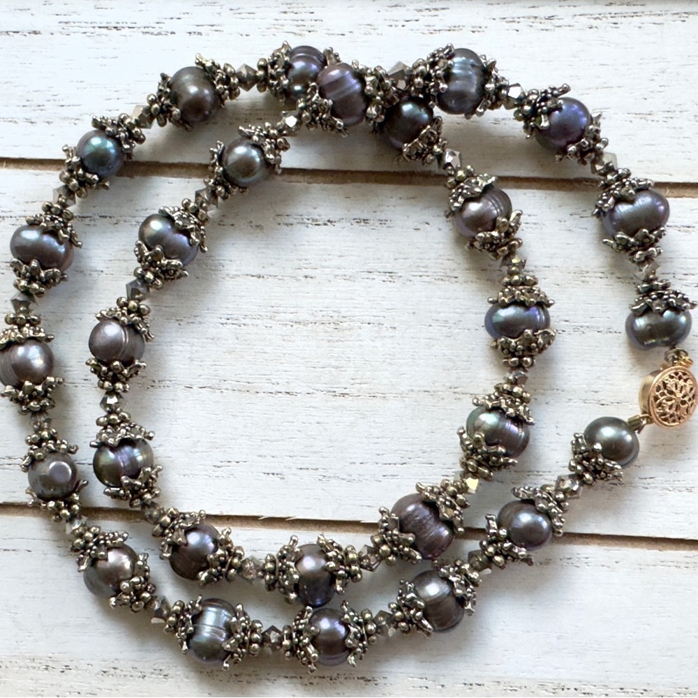 Vintage Dark Pearl Beaded Necklace Faceted Spacer Beads Ornate Caps 19”
